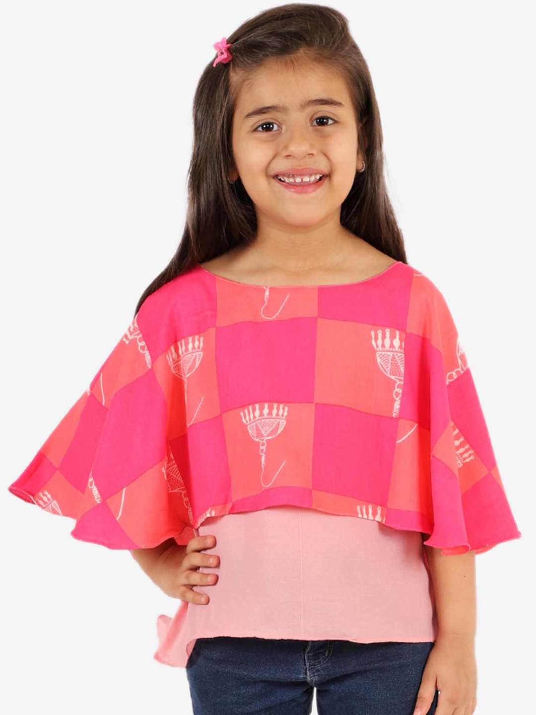 

Chipbeys Pink Geometric Layered Cape Cotton Top