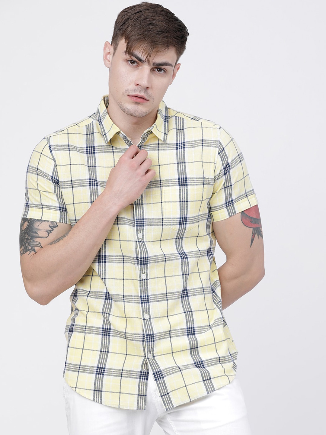 

HIGHLANDER Men Yellow & Blue Slim Fit Checked Casual Shirt