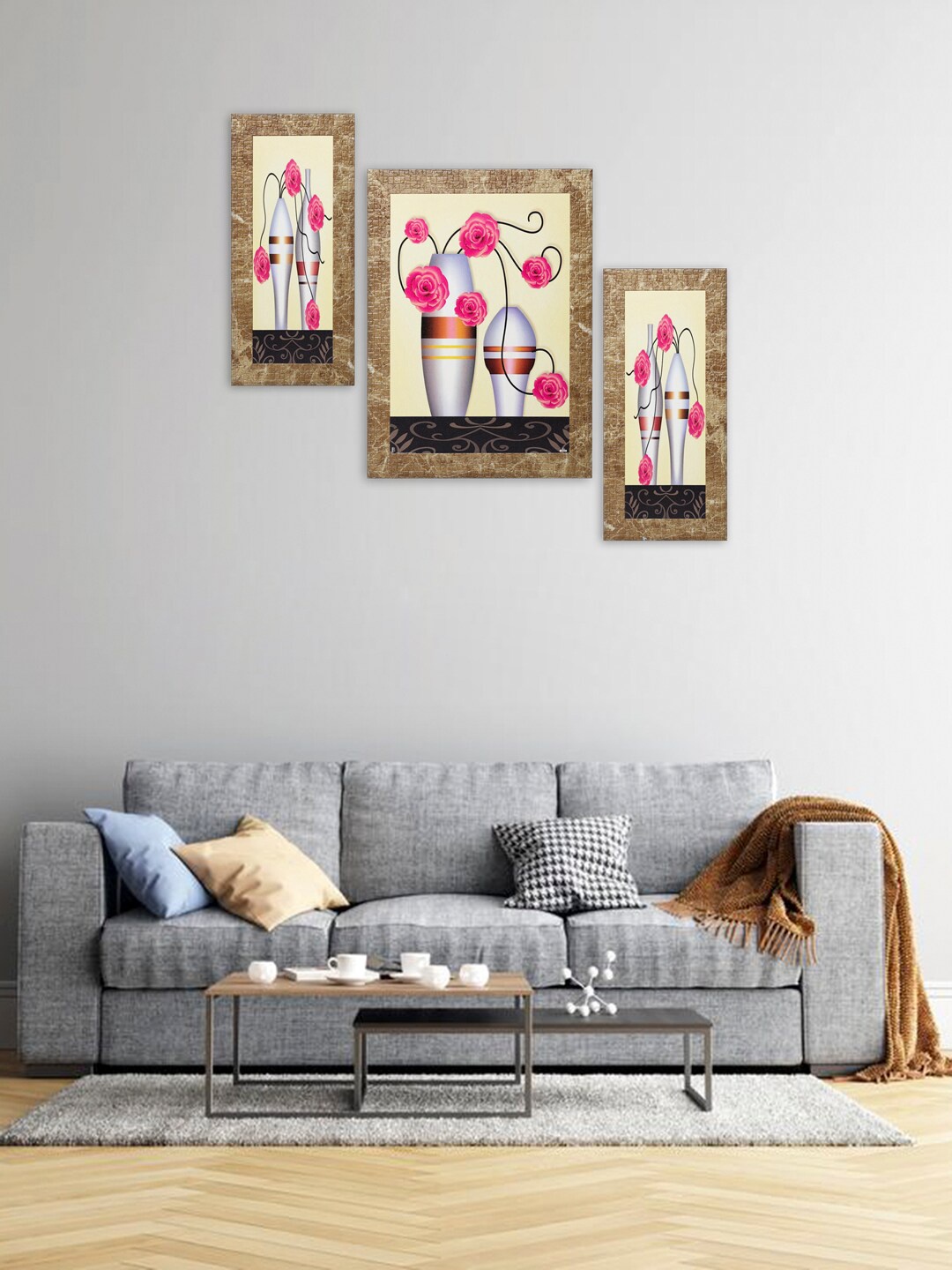 

Indianara Set of 3 Pink & Cream-Coloured Flowers in Vases Framed Wall Paintings
