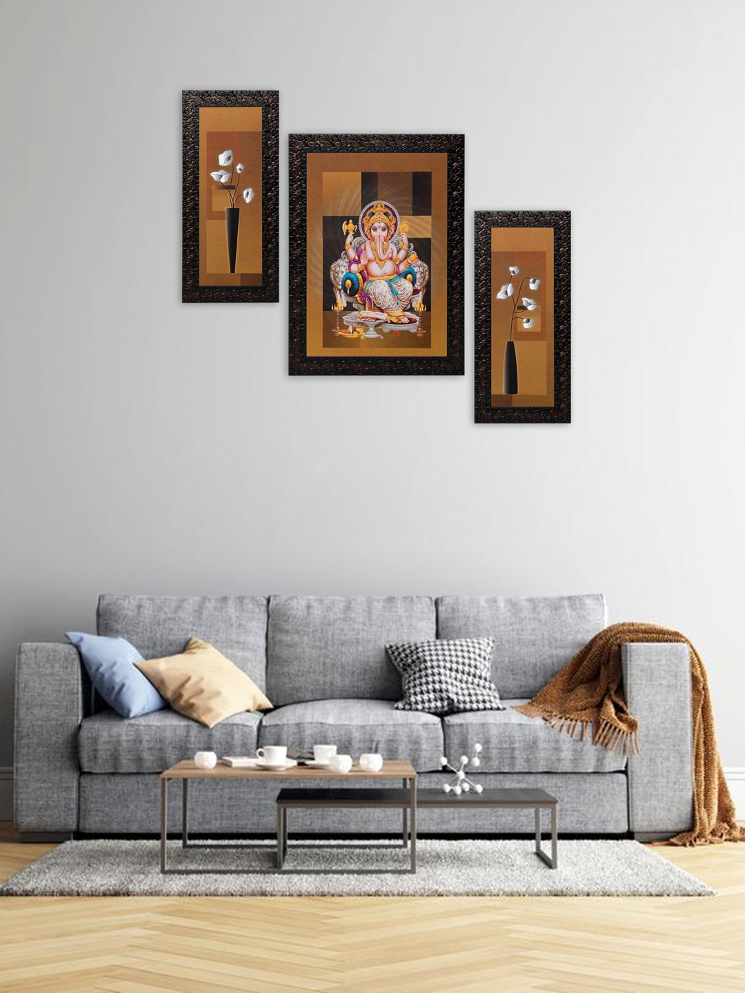 

Indianara Set of 3 Brown & Yellow Ganesha Framed Art Prints without Glass