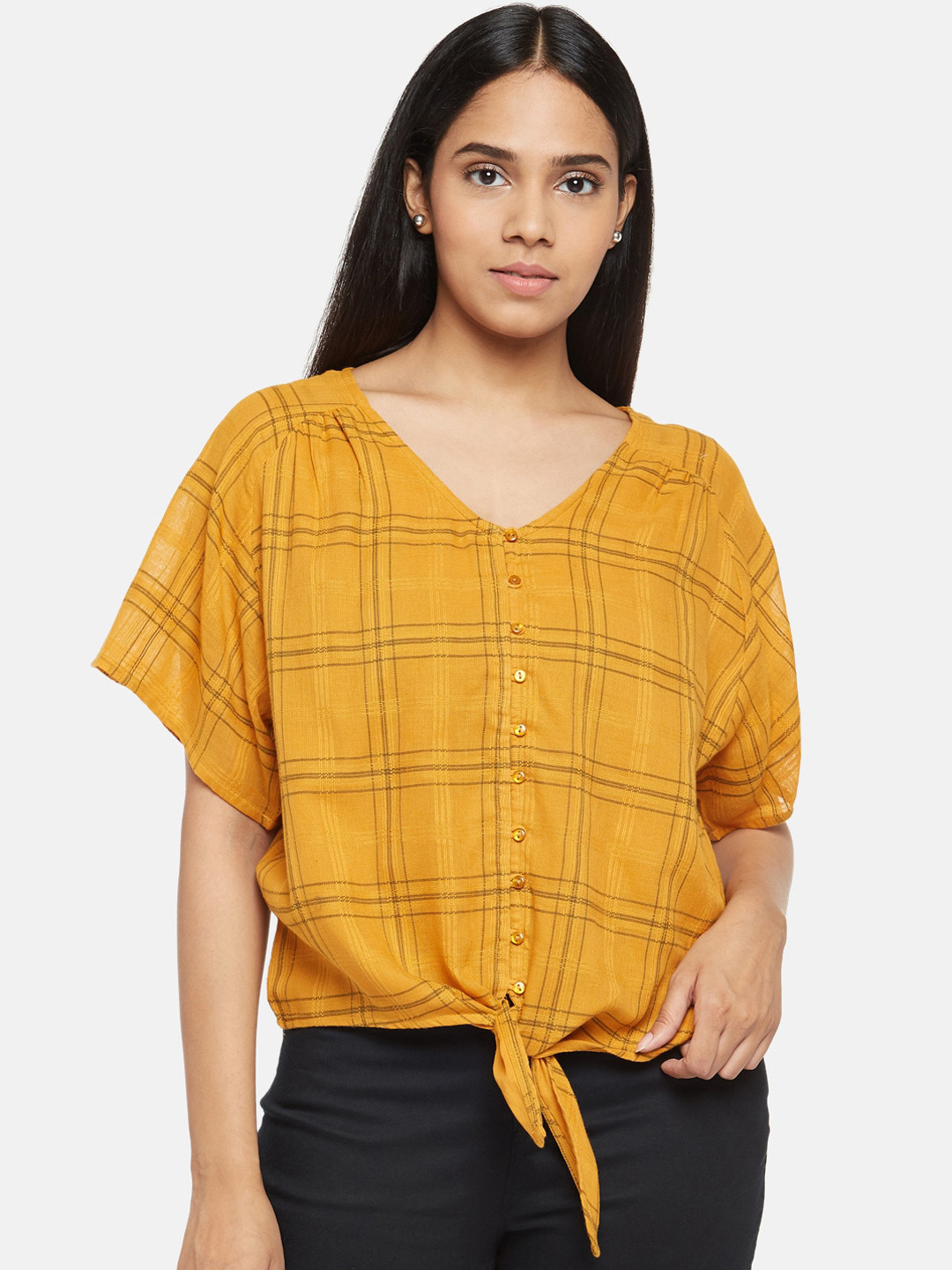 

People Mustard Yellow Checked Cotton Regular Top