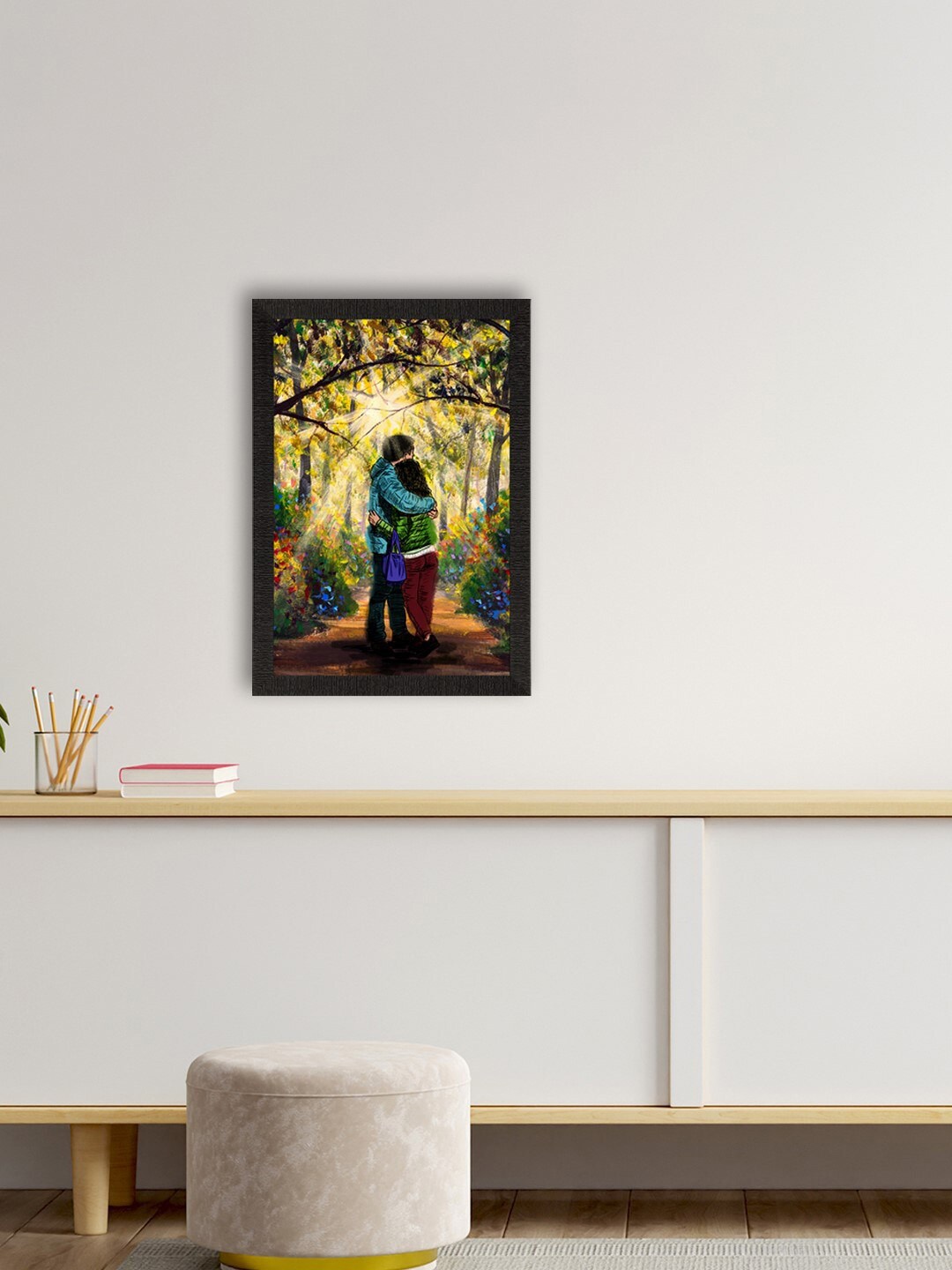 

eCraftIndia Yellow & Blue Romantic Couple Hugging each Other Satin Matt Texture UV Art Painting
