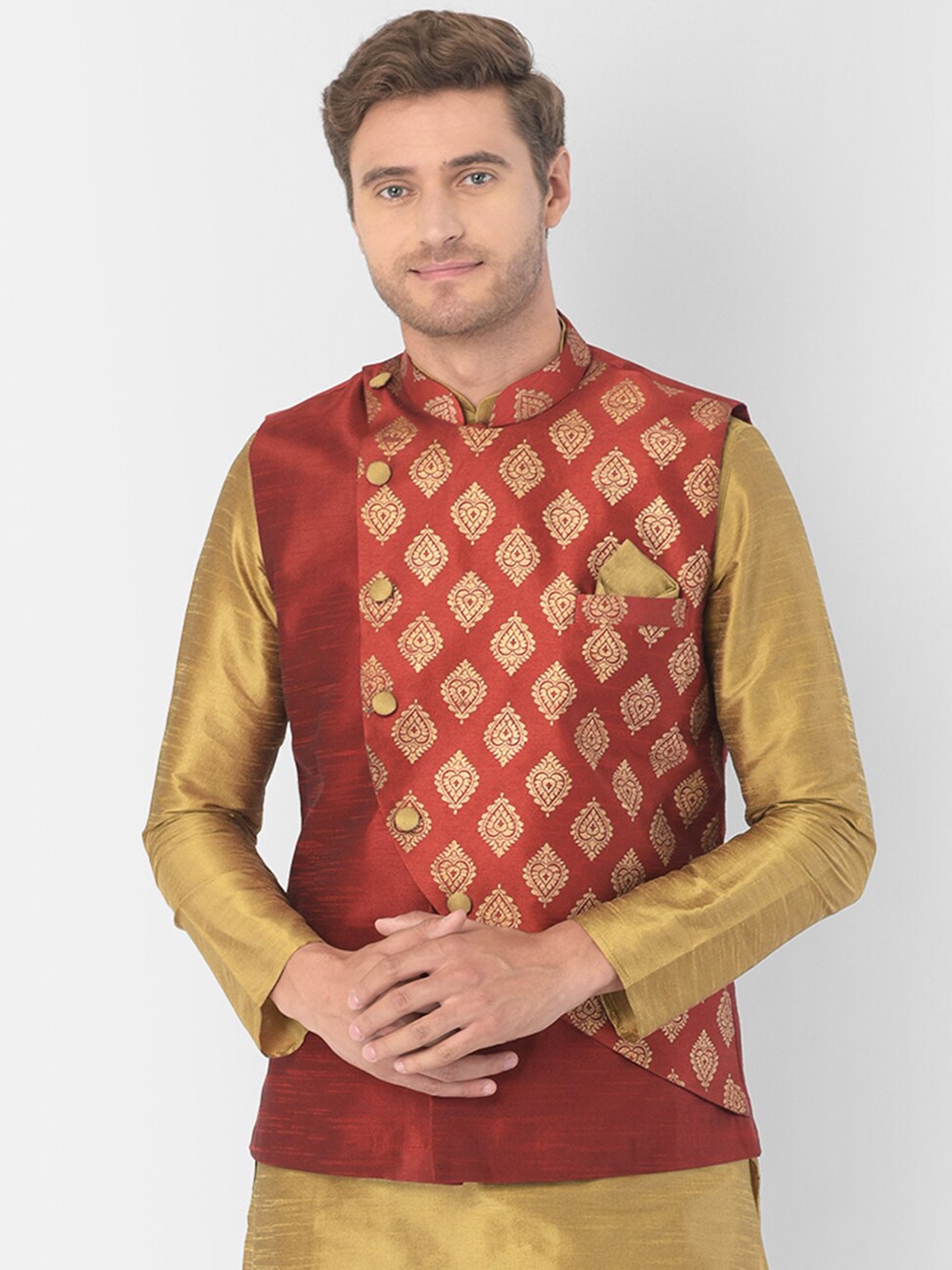 

DEYANN Men Red & Gold-Coloured Woven Design Nehru Jacket