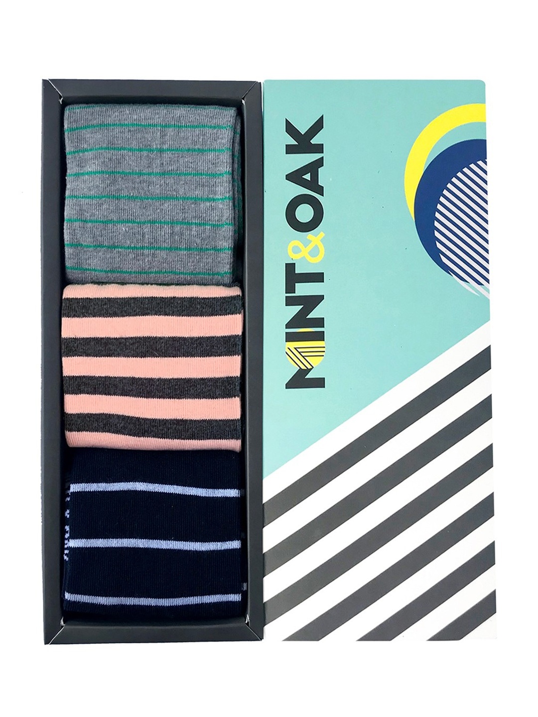 

Mint & Oak Men Pack Of 3 Striped Calf-Length Socks, Navy blue