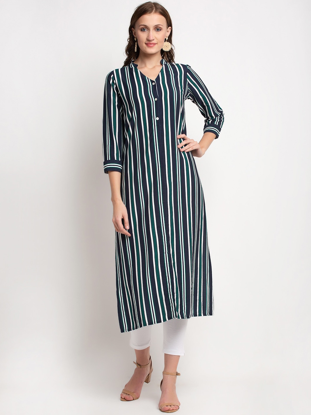 

Aujjessa Women Navy Blue Striped Linen Kurta