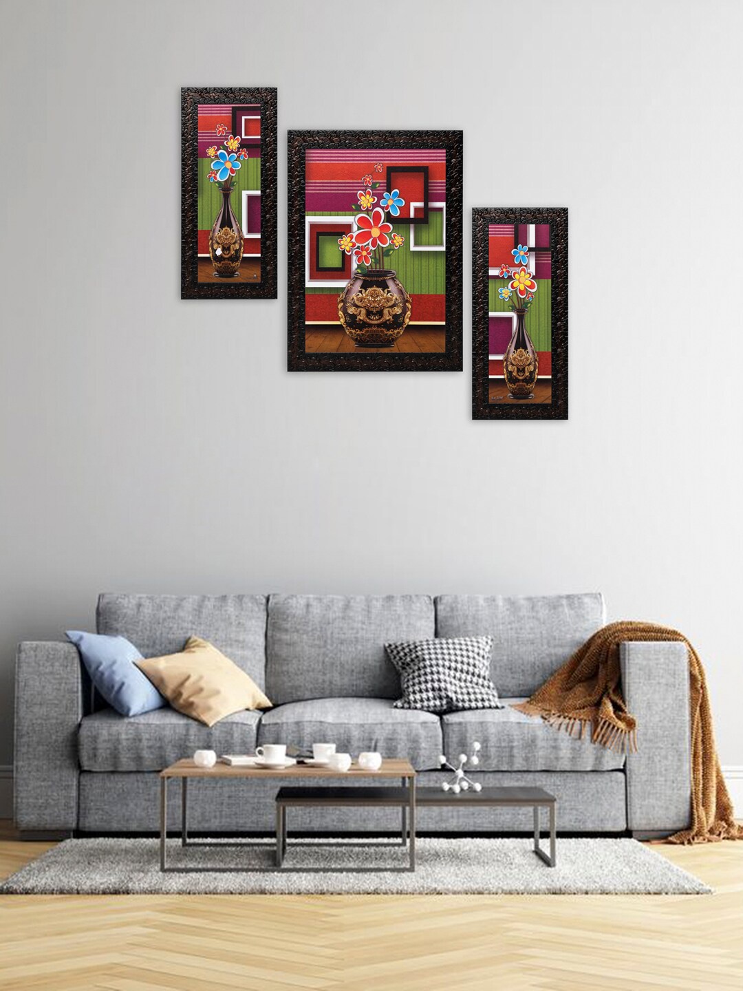 

Indianara Set Of 3 Red & Green Flowers in Vases Framed Art Prints Without Glass