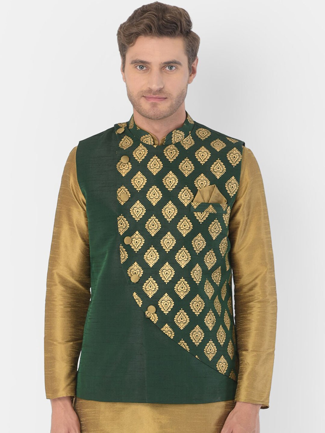 

DEYANN Men Green & Gold-Coloured Printed Woven Nehru Jacket
