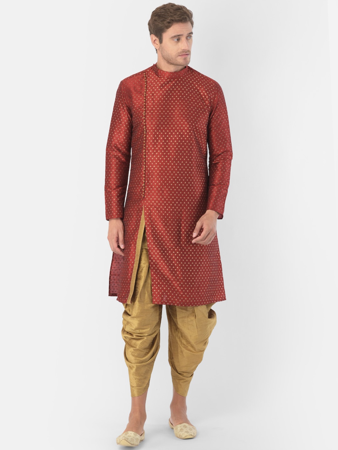 

DEYANN Men Red & Gold-Toned Woven Design Kurta with Dhoti Pants