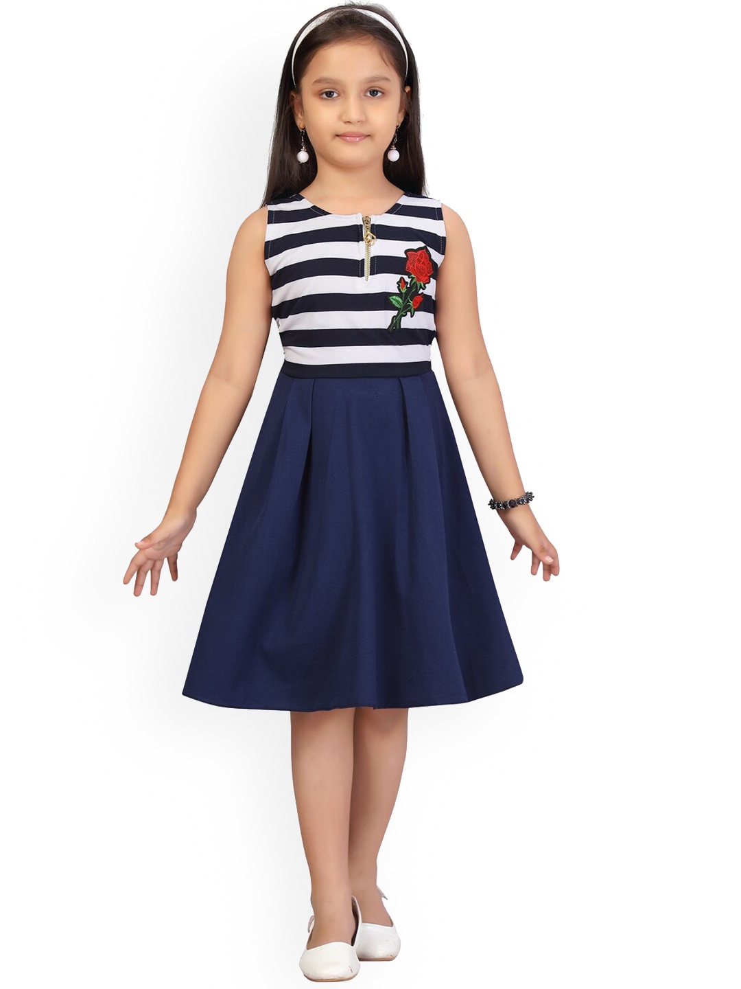 

Aarika Girls Navy Blue & White Striped A-Line Dress