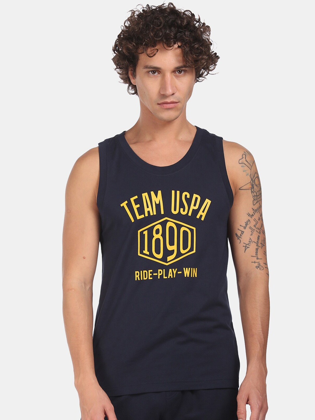 U.S. Polo Assn. Men Navy Blue & Yellow Printed Pure Cotton Innerwear Vests IYAG-195-PL