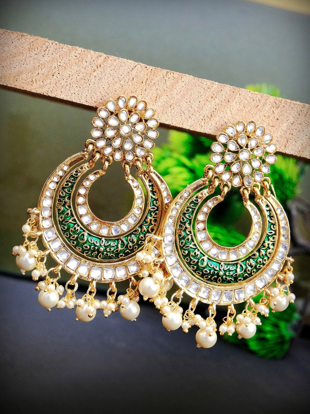 Crunchy Fashion Green & White Gold Plated Handcrafted Chandbalis