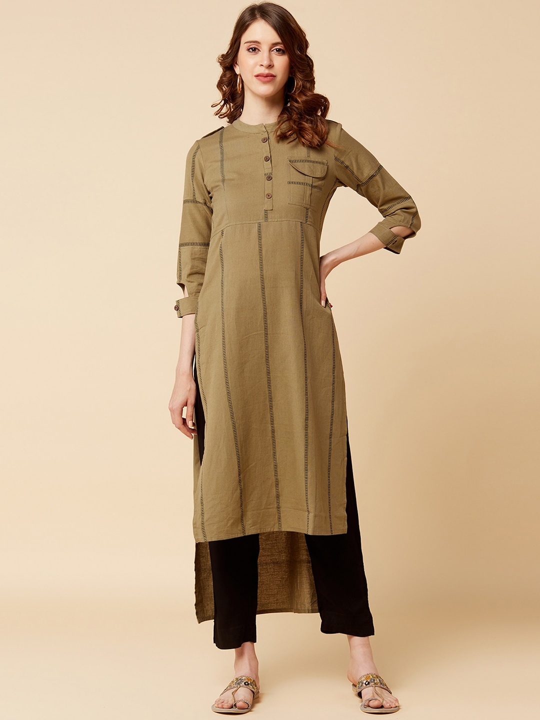 

Varanga Women Olive Green & Black Striped High Low Anarkali Kurta