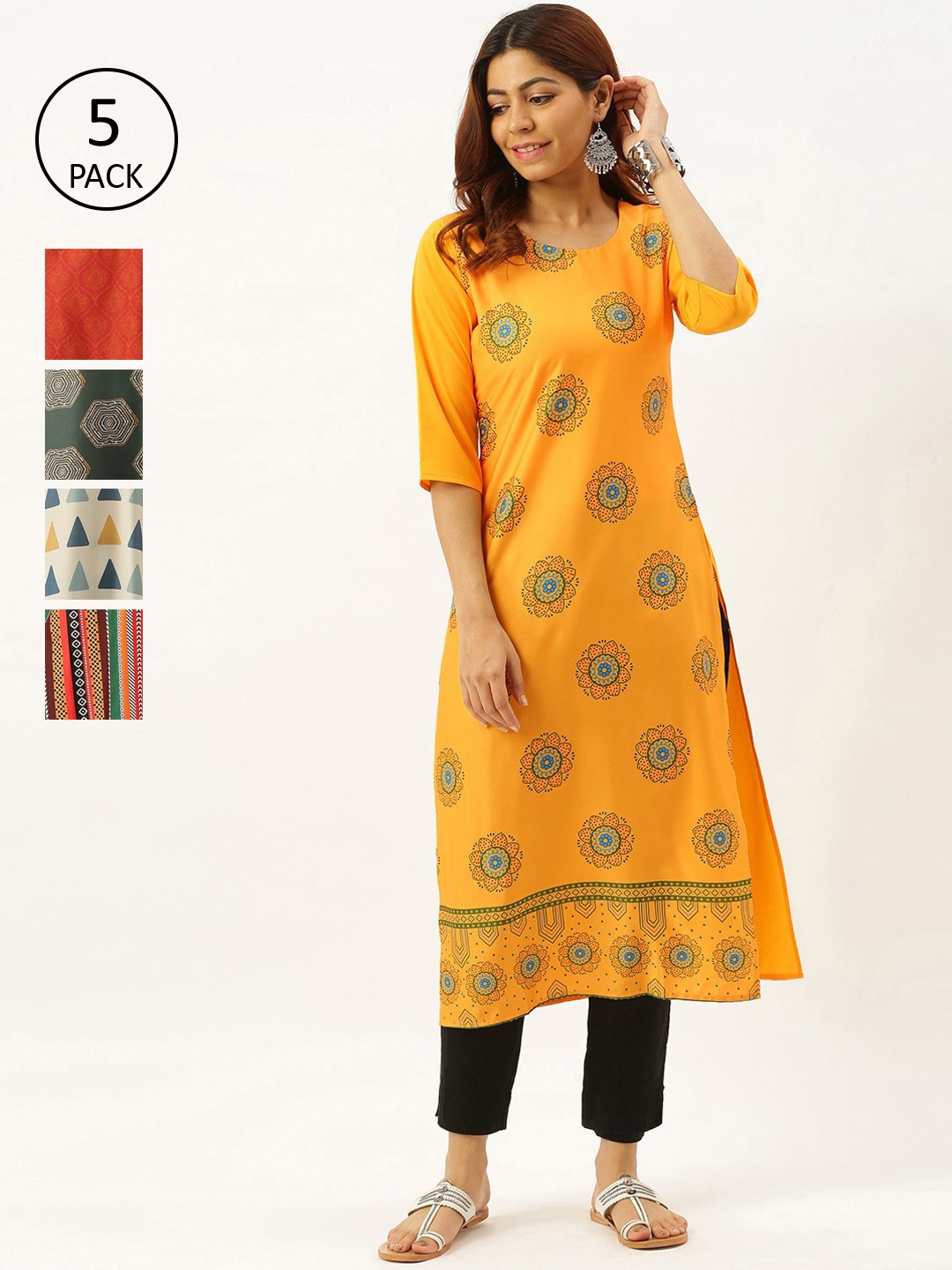 

7Threads Pack Of 5 Women Multicoloured Printed Crepe Kurta, Multi