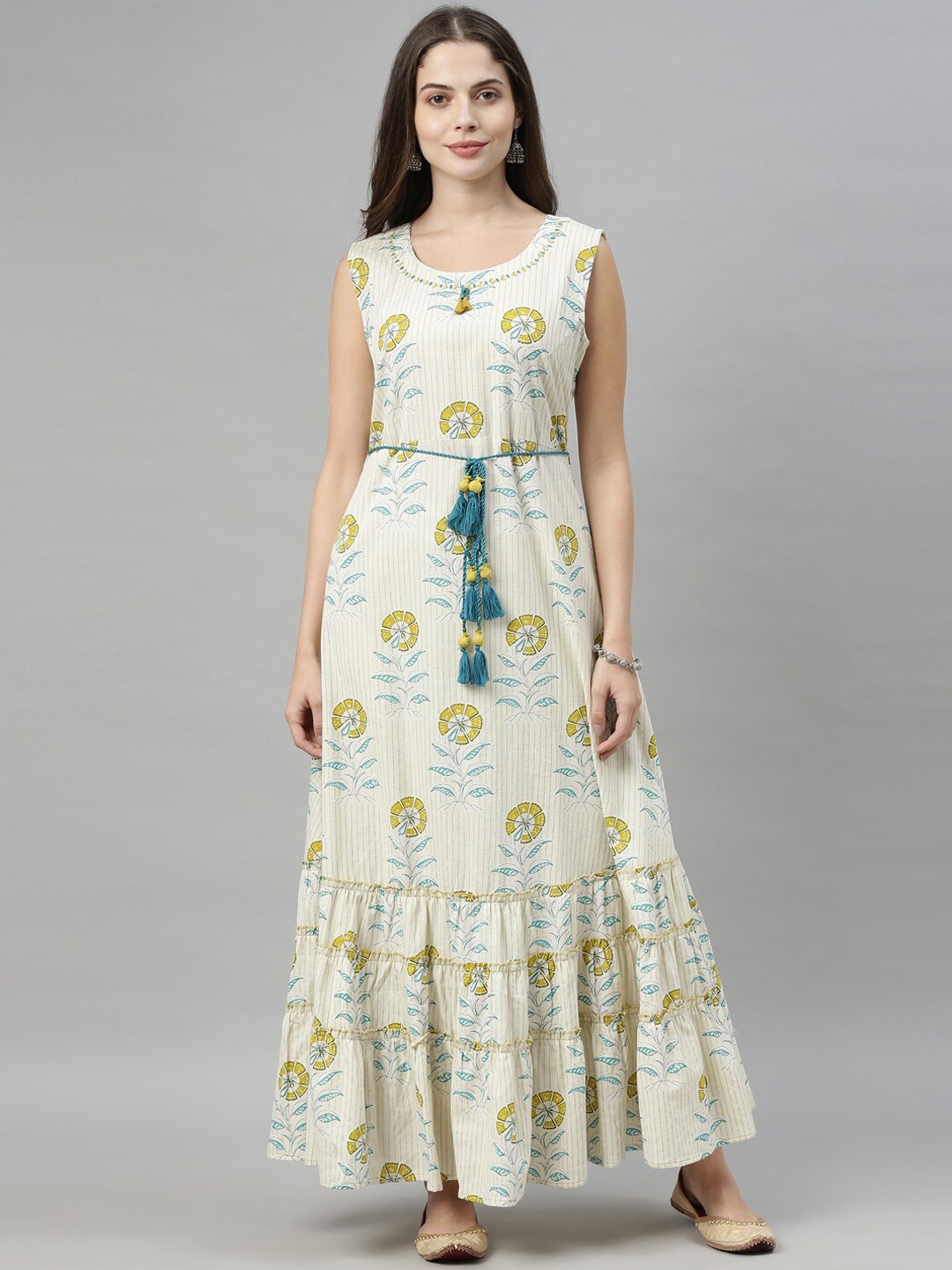 

Neerus Off White & Mustard Yellow Floral Ethnic Maxi Dress