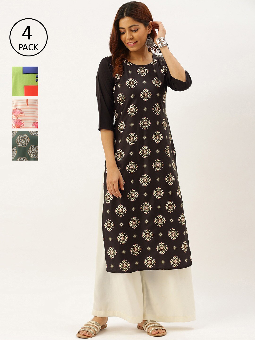 

7Threads Women Pack Of 4 Ethnic Motifs Printed Crepe Kurta, Multi