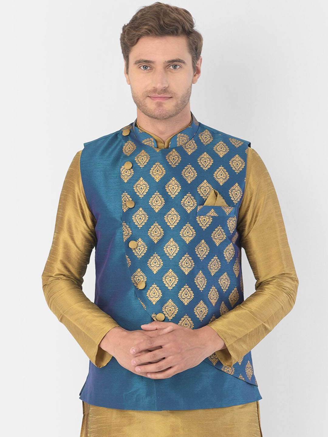 

DEYANN Men Blue & Gold-Coloured Printed Woven Nehru Jacket