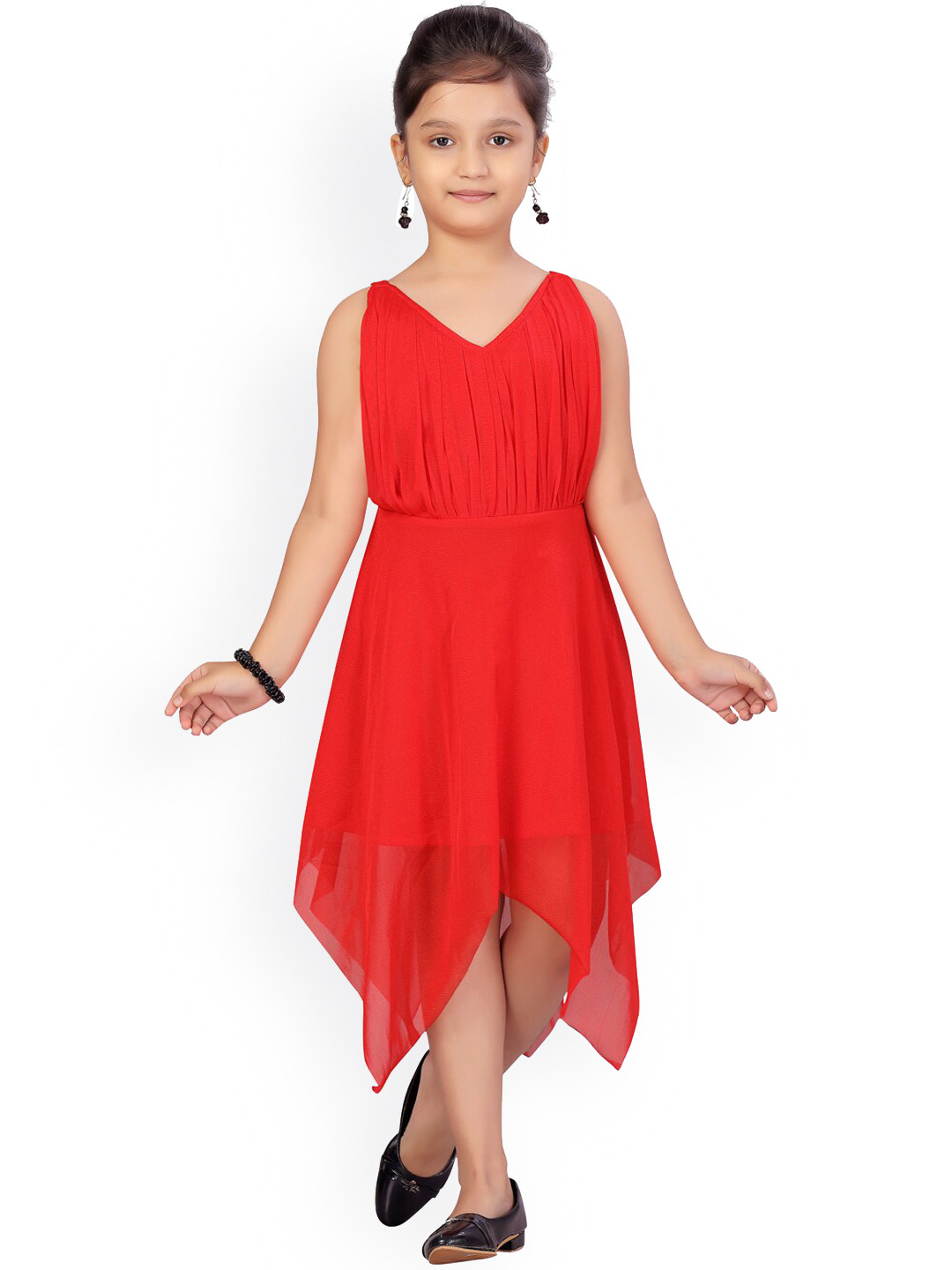 

Aarika Girls Red Solid Asymmetric A-Line Dress