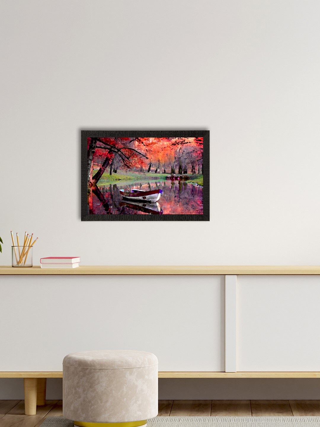 

eCraftIndia Orange & Black Texture Lake Scenic View Wall Art