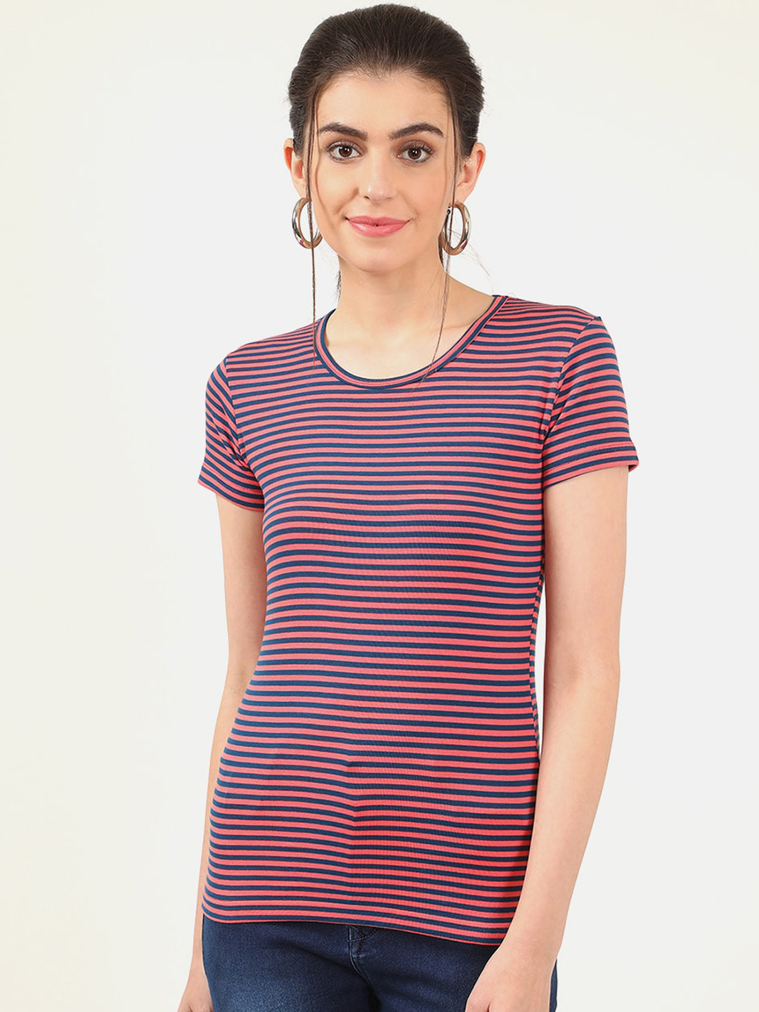 

V2 Value & Variety Women Pink Striped Round Neck T-shirt