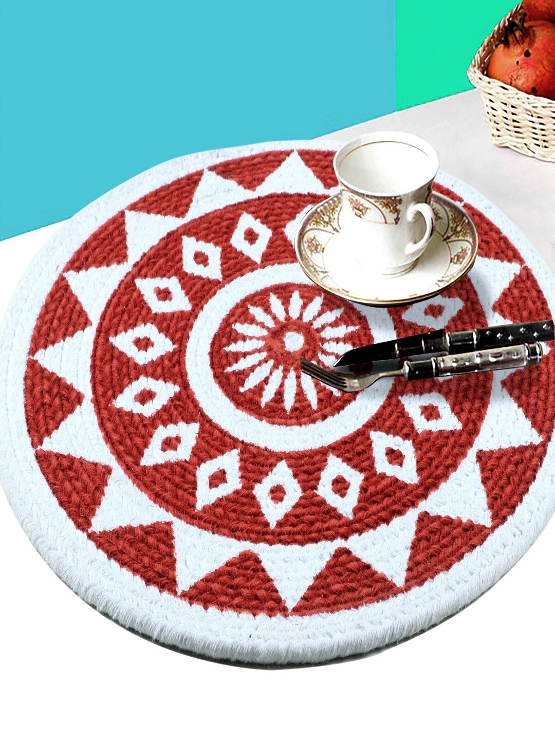 

BELLA TRUE Set Of 6 Floral Printed Cotton Round Table Placemats, Red
