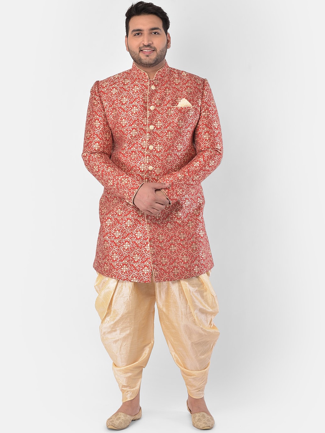

DEYANN PLUS Men Red & Beige Printed Sherwani Set