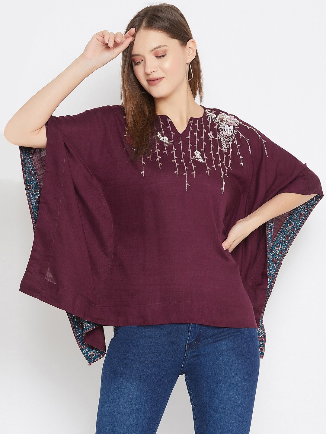 

The Kaftan Company Maroon Floral Hand Embroidered Kaftan Top