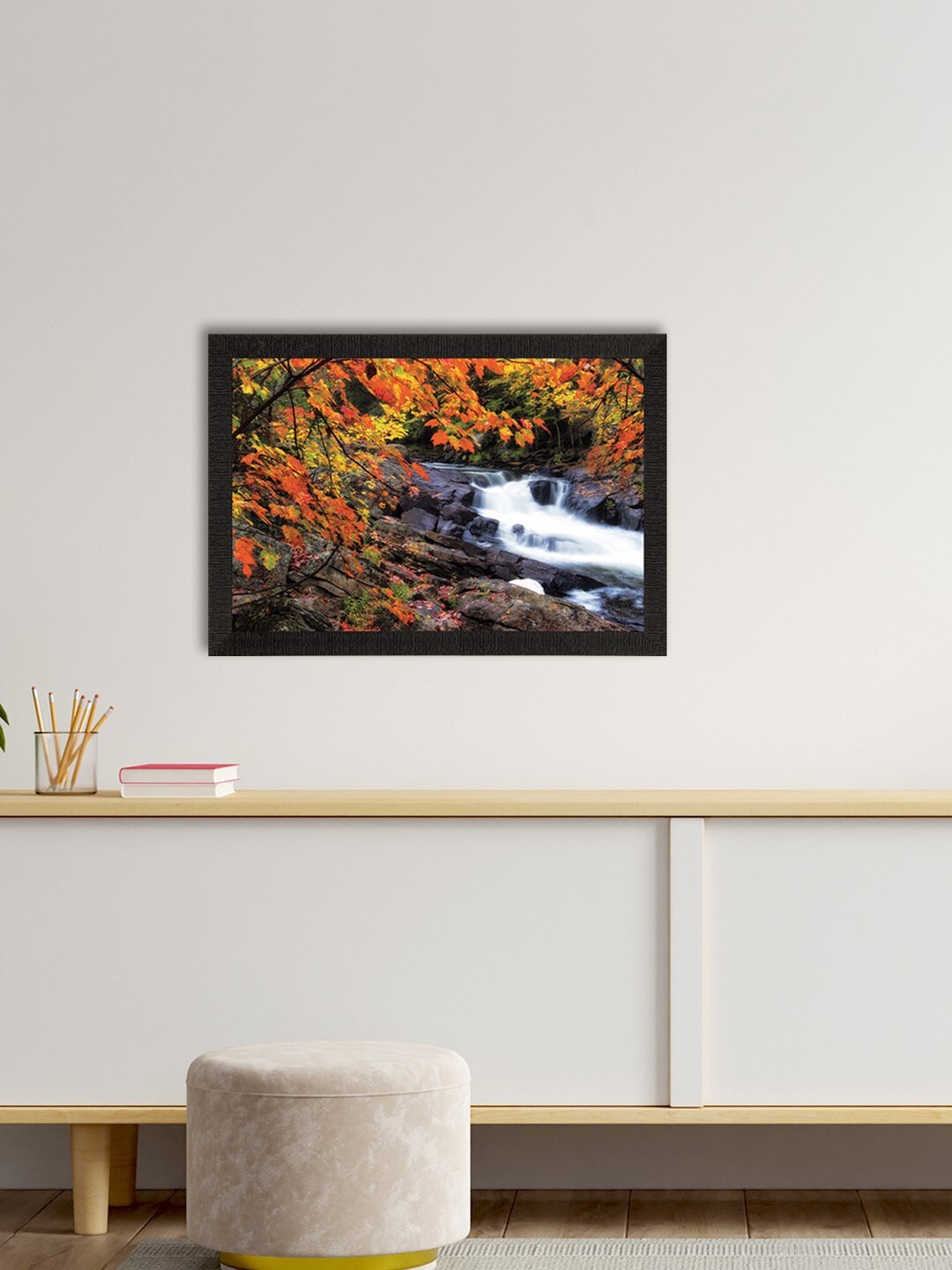 

eCraftIndia Charcoal Grey & Orange Beautiful Scenic Waterfall View Satin Matt Texture UV Wall Art