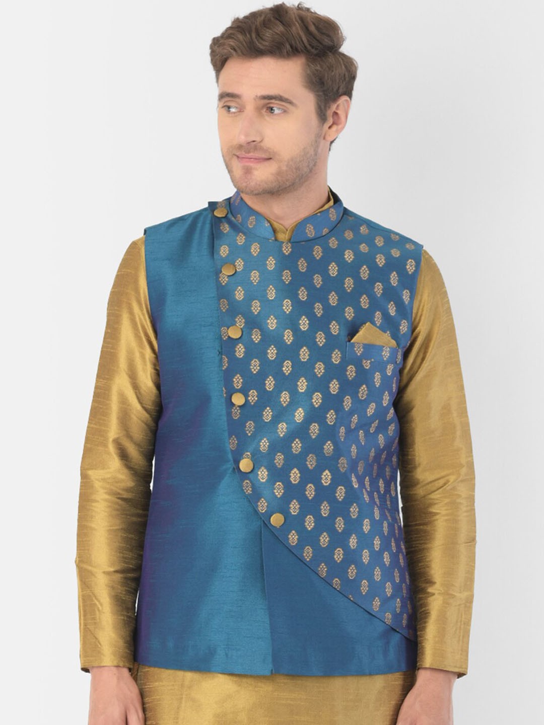 

DEYANN Men Blue & Gold Colored Woven Design Nehru Jacket