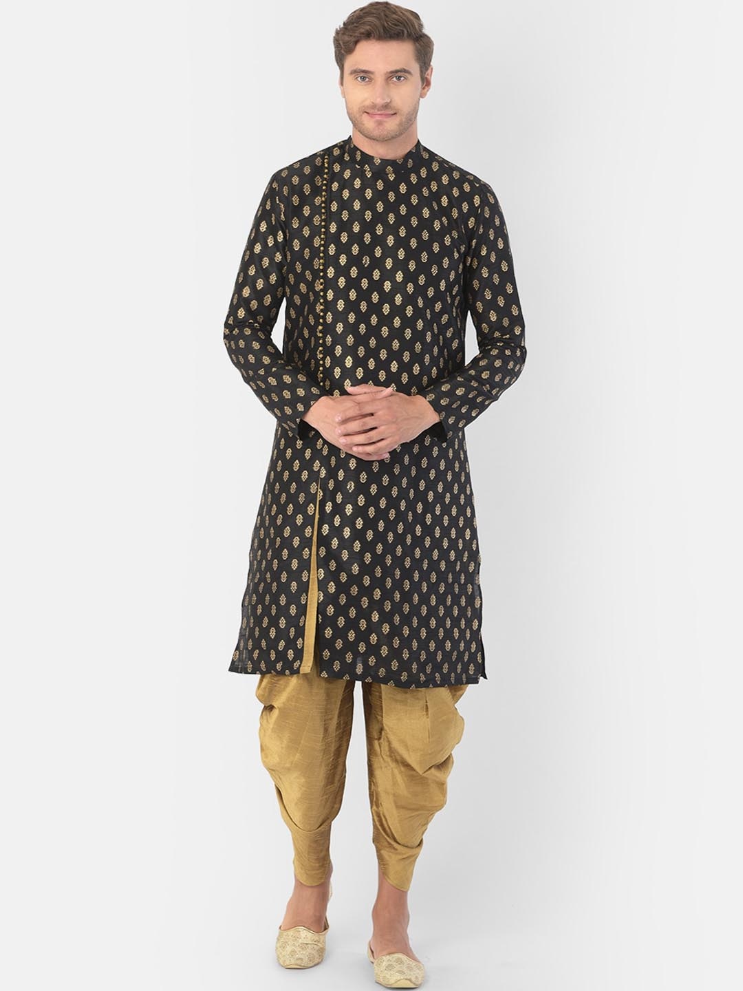 

DEYANN Men Black Ethnic Motifs Angrakha Straight Dupion Silk Kurta with Patiala