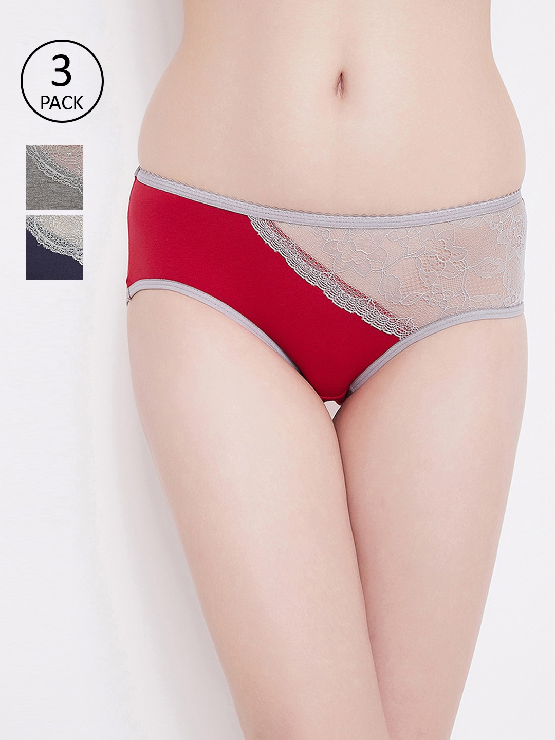 

Clovia Women Pack Of 3 Solid Hipster Briefs COMPN1106, Red