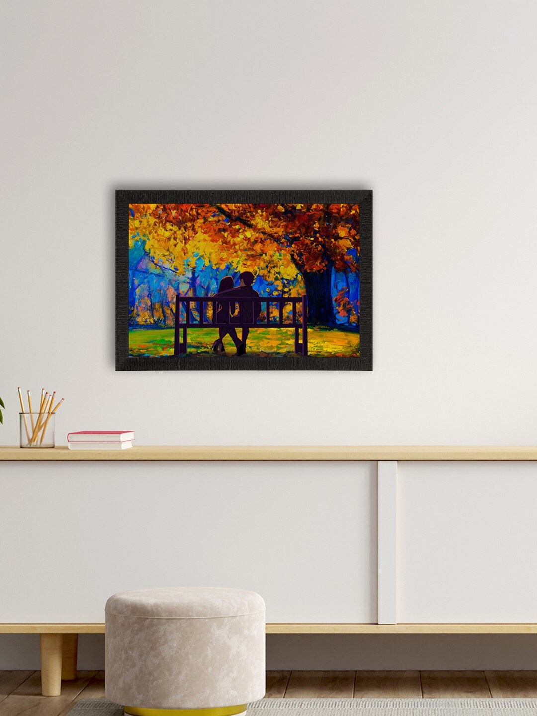 

eCraftIndia Yellow & Blue Romantic Couple Sitting On Bench Valentine Theme Satin Matt Textured UV Art Painting