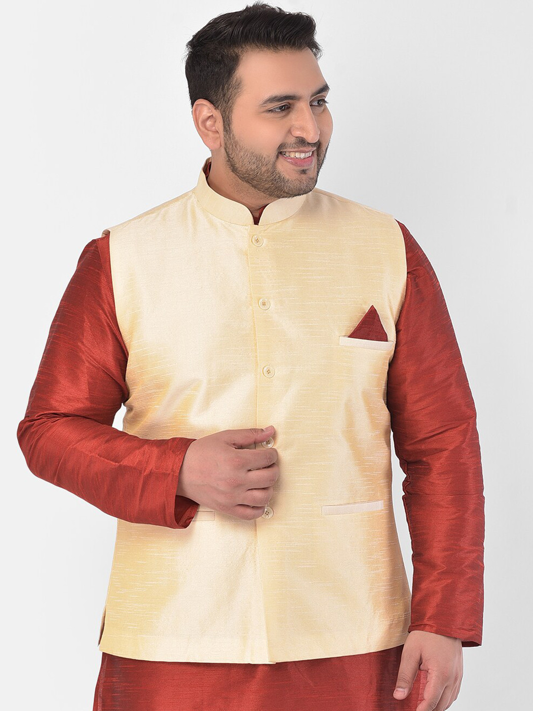 

DEYANN PLUS Men Gold-Colored Solid Woven Nehru Jacket
