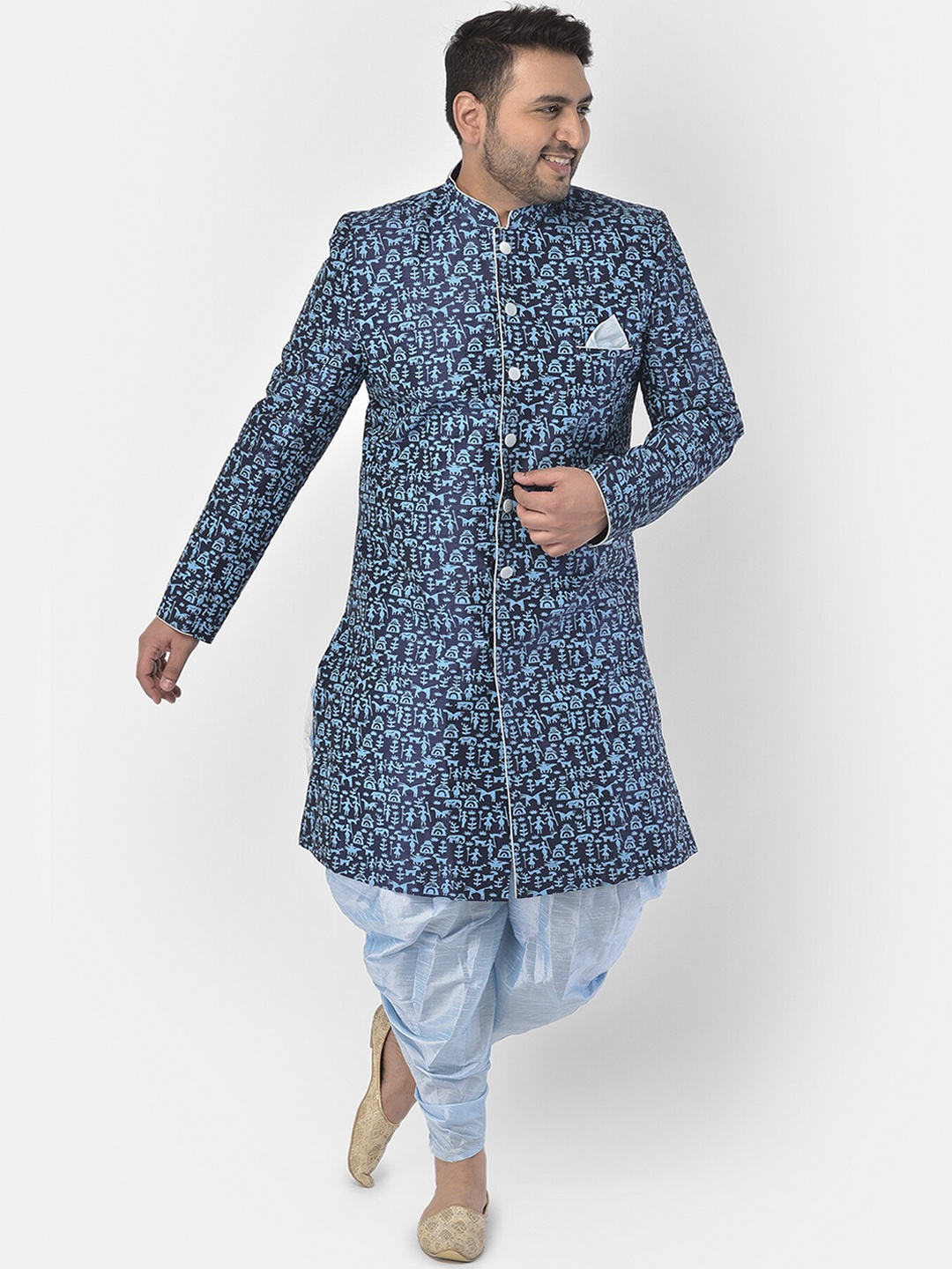 

DEYANN PLUS Men Navy Blue & Turquoise Blue Printed Woven Sherwani Set