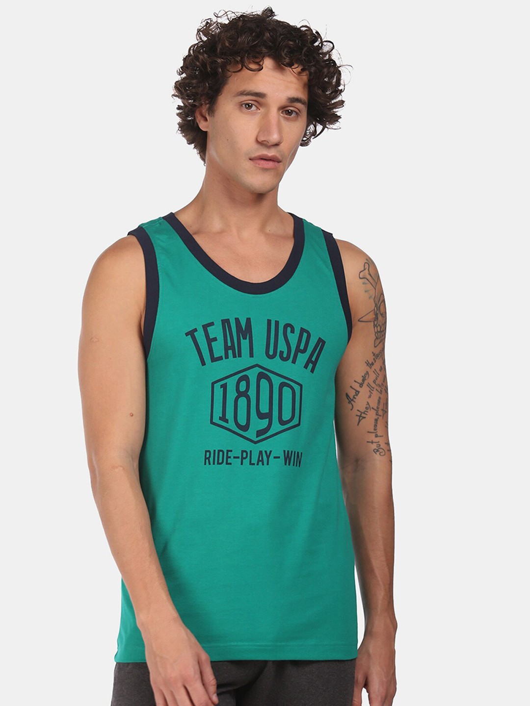 

U.S. Polo Assn. Men Teal Green & Black Printed Pure Cotton Basic Vest IYAG-029-PL-Teal