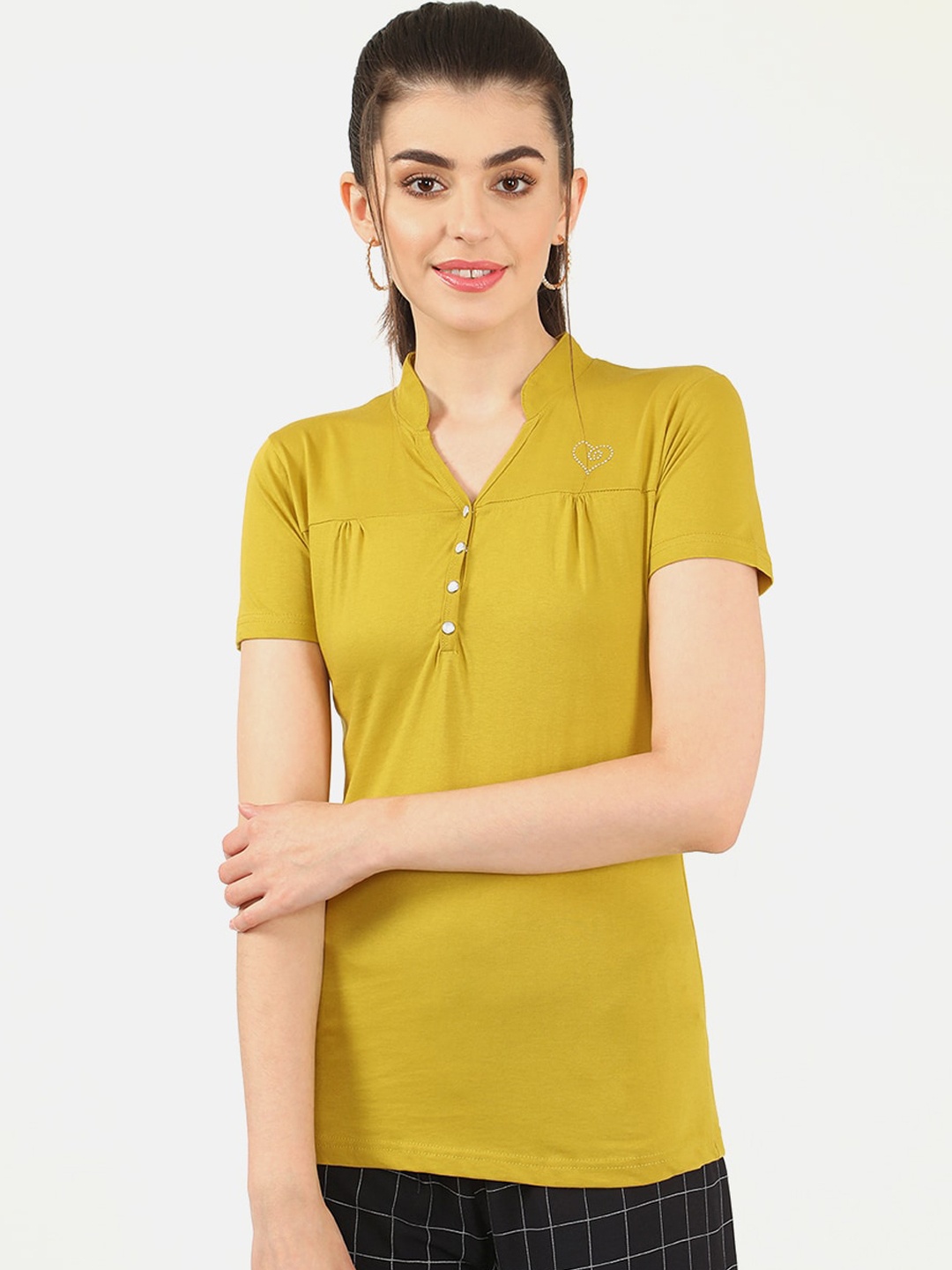 

V2 Value & Variety Mustard Yellow Mandarin Collar Chambray Regular Top