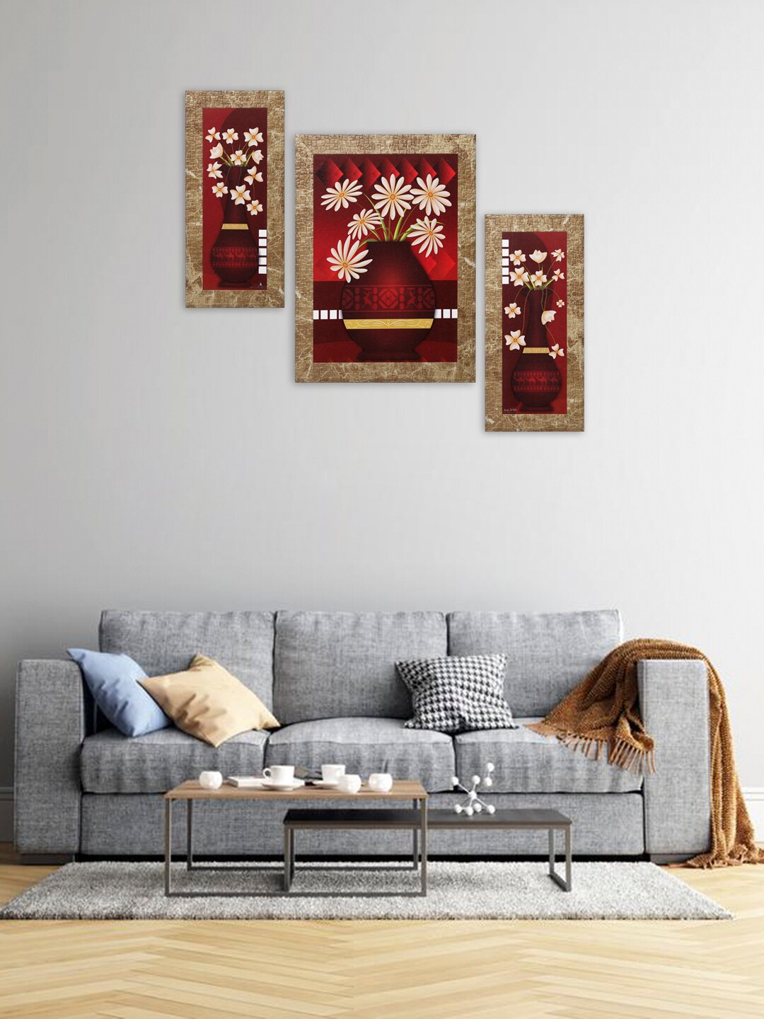 

Indianara Set of 3 Maroon & Off-White Flowers In Vases Framed Art Prints Without Glass