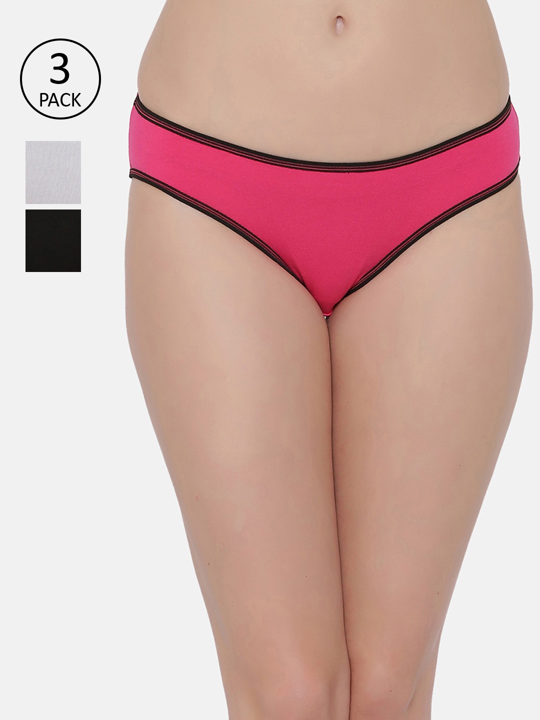

Clovia Women Pack Of 3 Black & Pink Solid Cotton Low Waist Bikins Briefs COMPN1104S