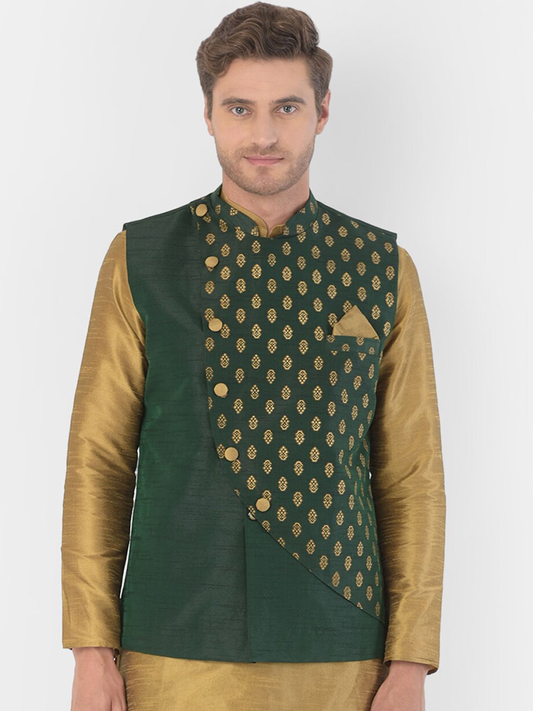 

DEYANN Men Green & Gold-Coloured Printed Woven Nehru Jacket