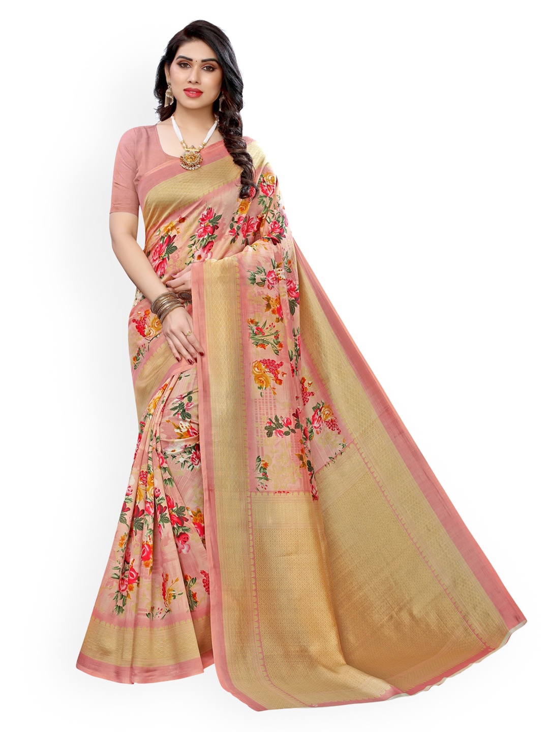 KALINI Peach-Coloured Printed Poly Silk Saree