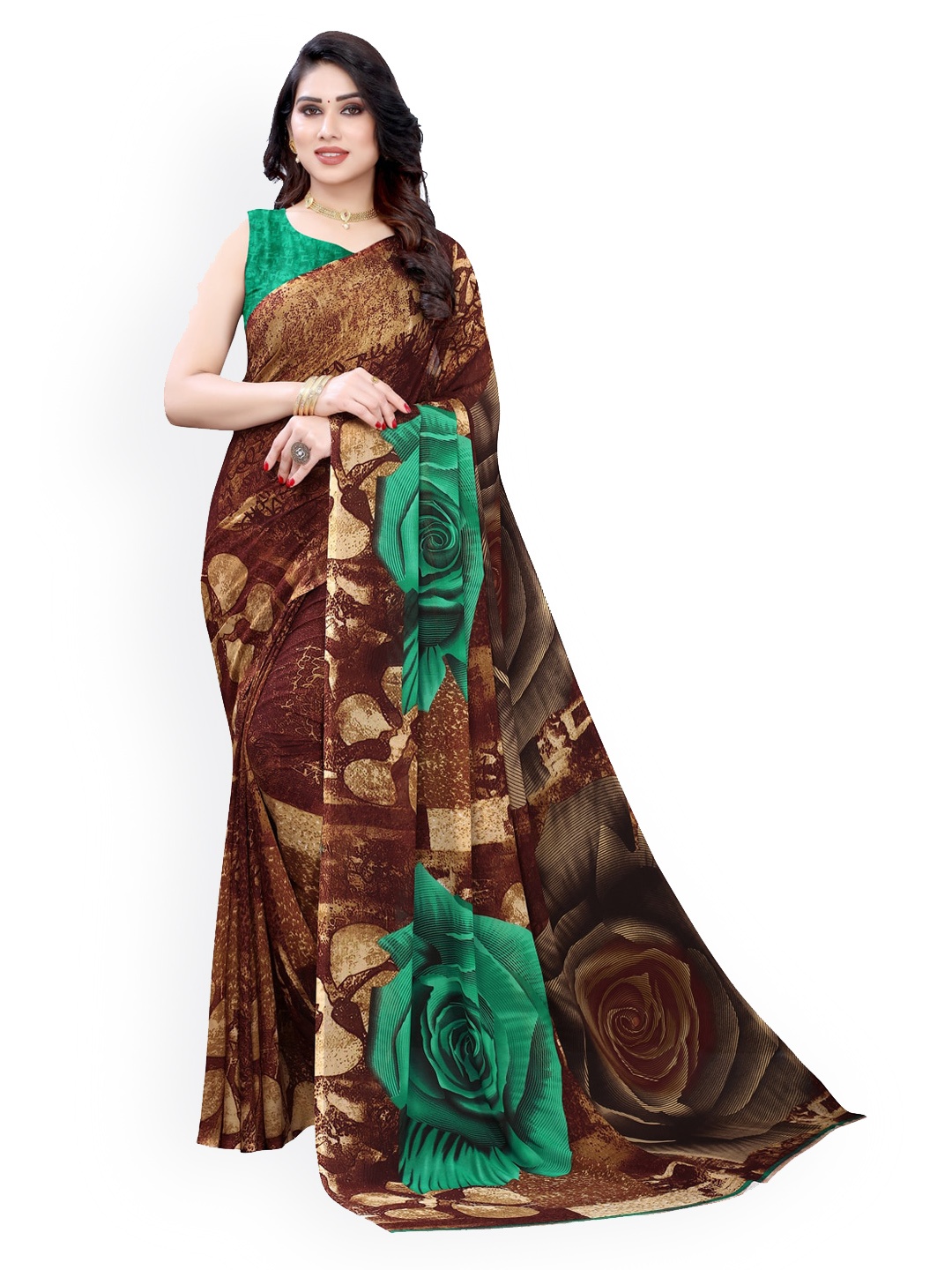 

KALINI Brown Floral Printed Pure Georgette Saree