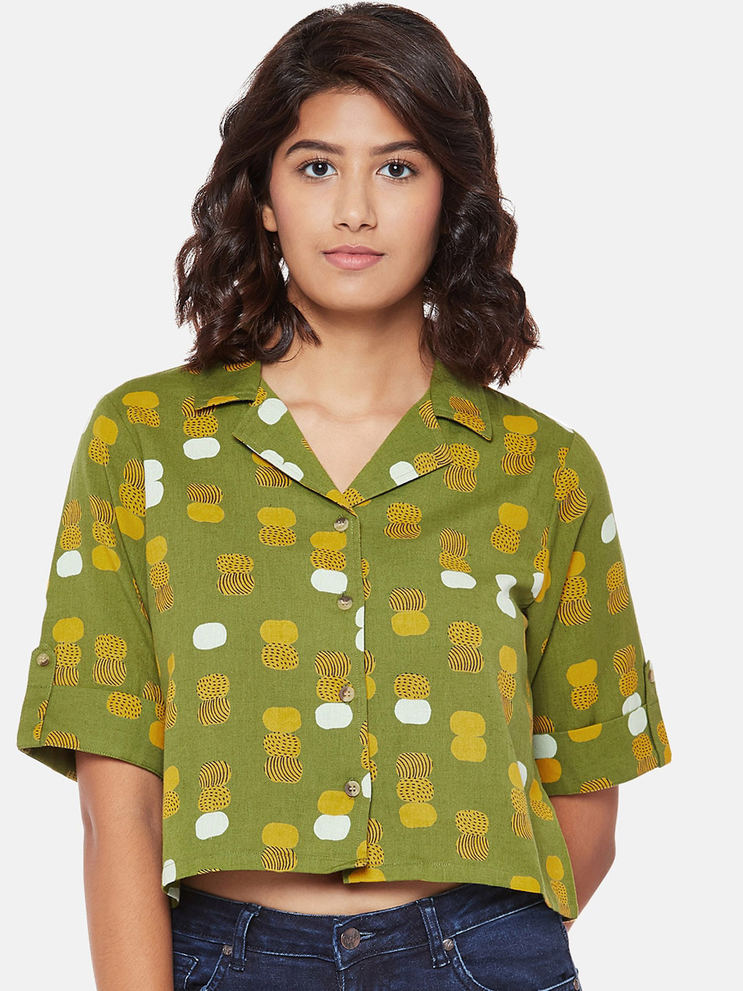 

People Olive Green Printed Shirt Style Crop Top