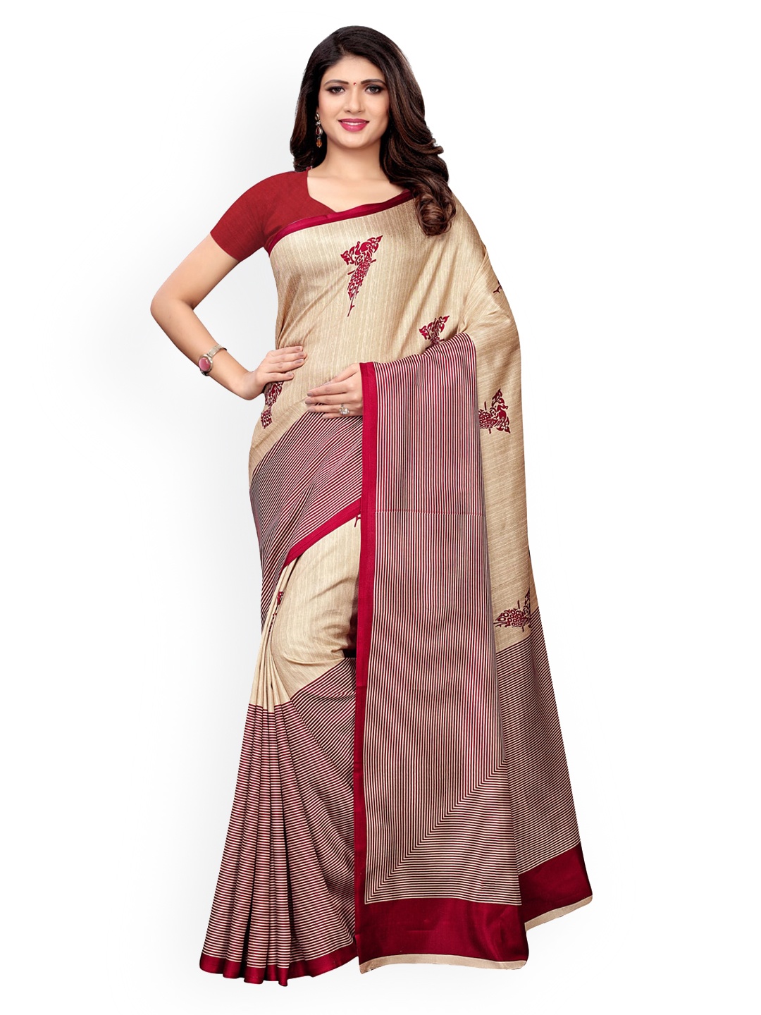 

KALINI Maroon & Beige Poly Silk Printed Saree