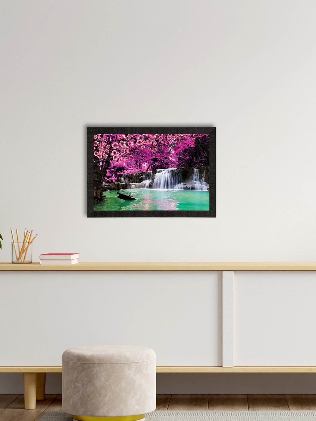 eCraftIndia Pink & Green Waterfall View Satin Matte Texture UV Wall Painting