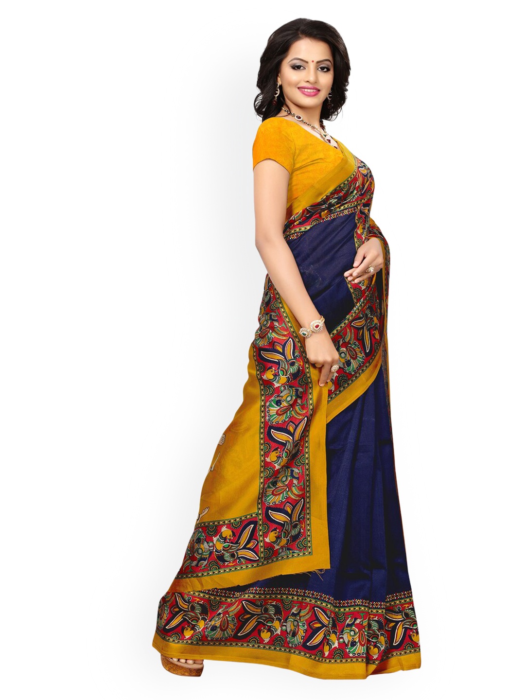 

KALINI Navy Blue & Yellow Poly Silk Kalamkari Print Saree