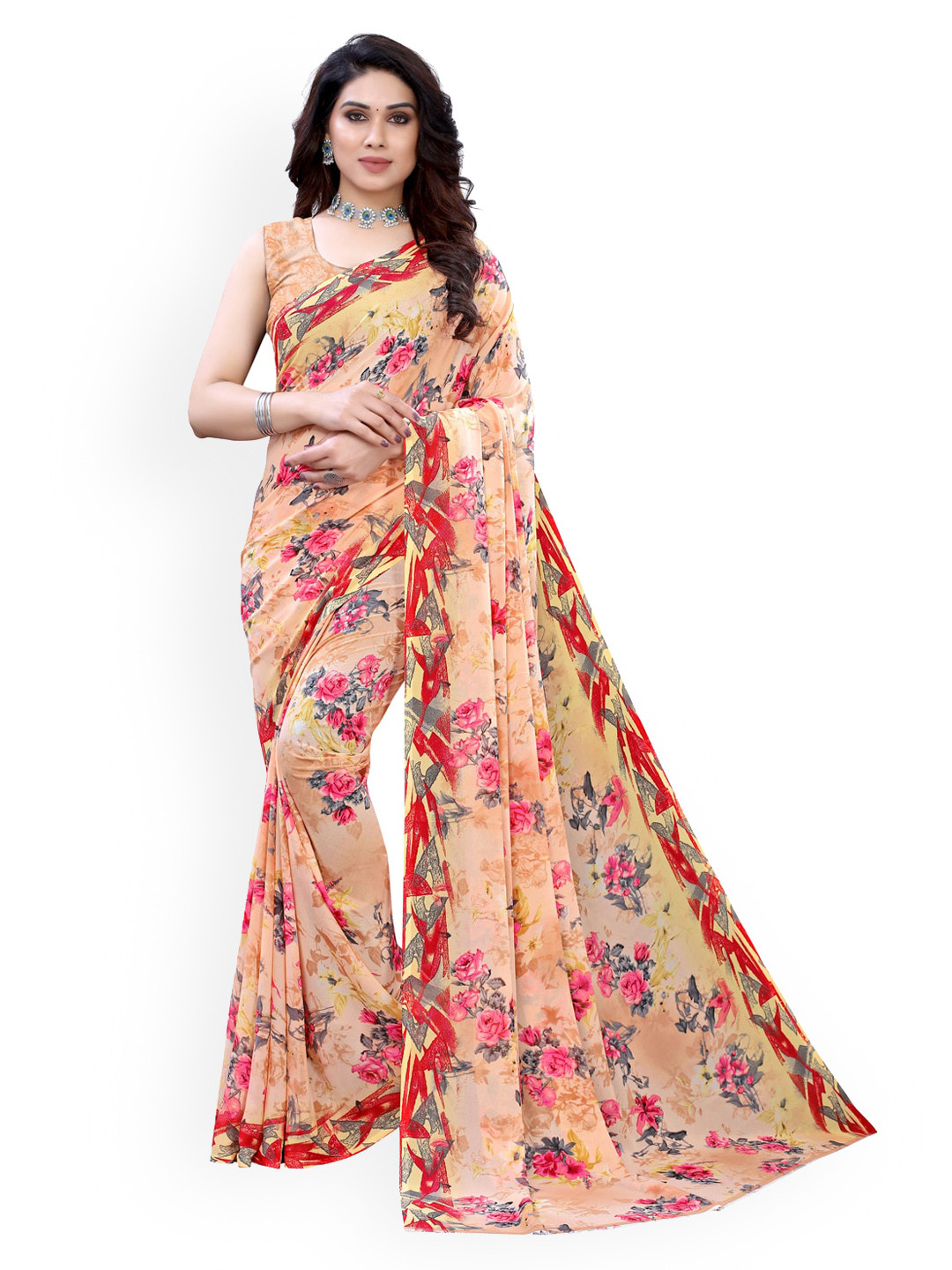 

KALINI Peach-Coloured Printed Pure Georgette Saree