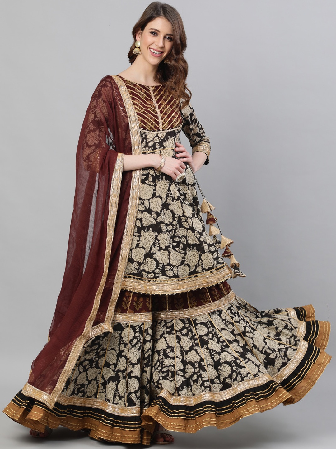 

Ishin Women Black Printed Kurta with Sharara & Dupatta
