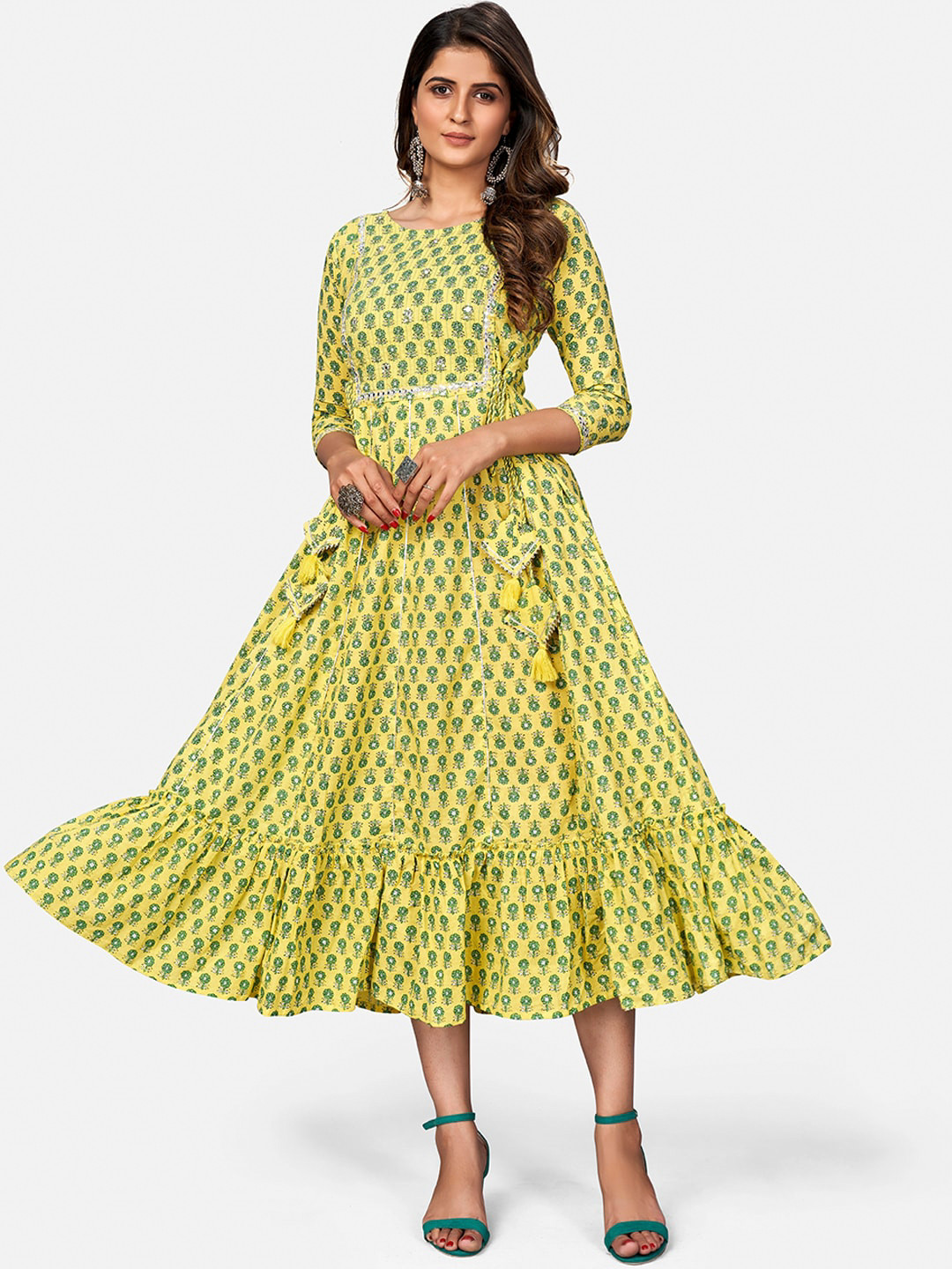 

Vbuyz Yellow & Green Floral Mirror Work Ethnic Dress