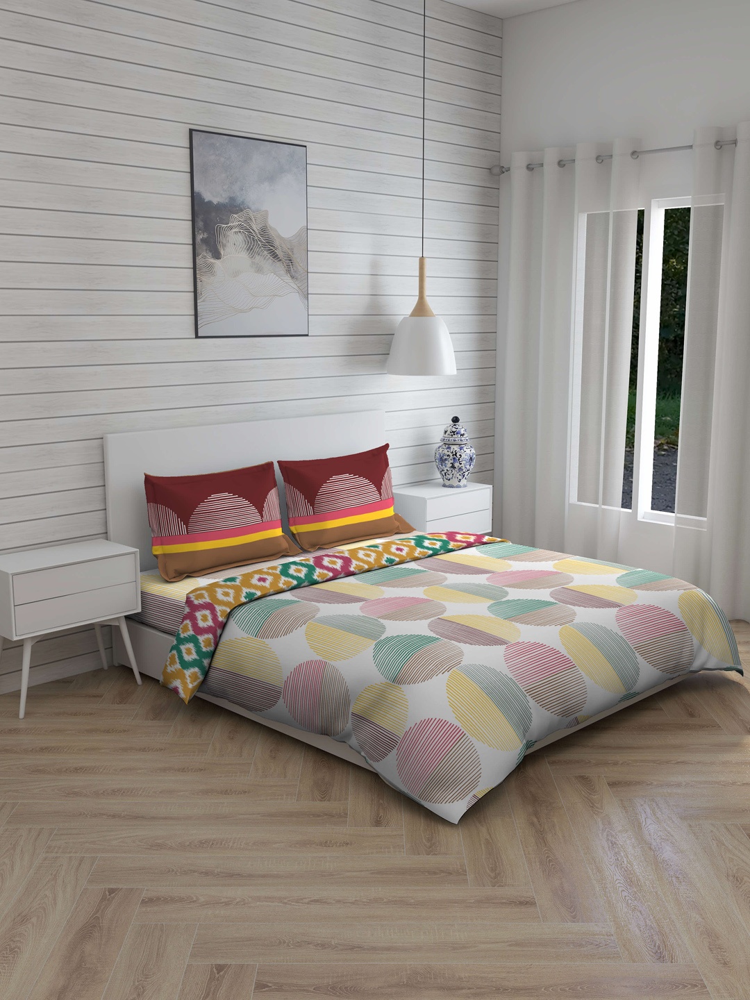 

Layers Maroon & White Printed 144 TC Cotton Double Queen Bedding Set With Comforter