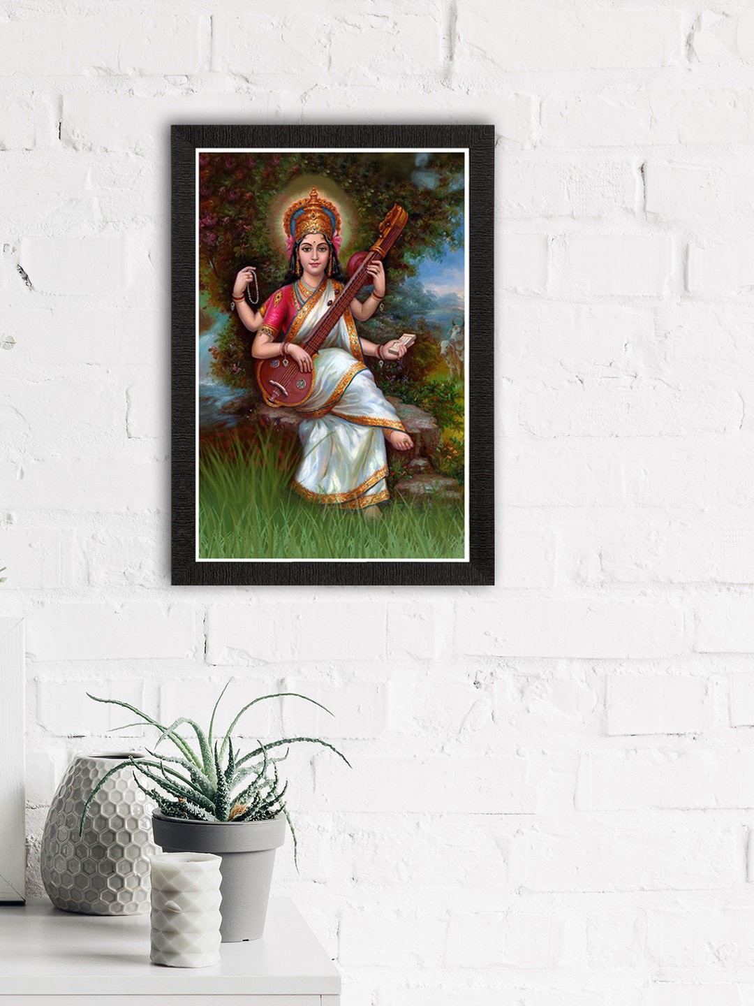 

eCraftIndia Green & White Goddess Saraswati Satin Matte Texture UV Wall Painting