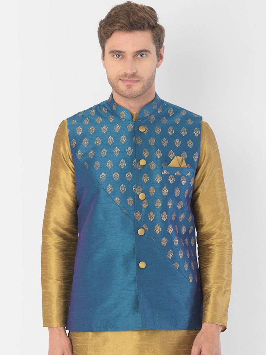 

DEYANN Men Blue & Gold-Coloured Printed Woven Nehru Jacket